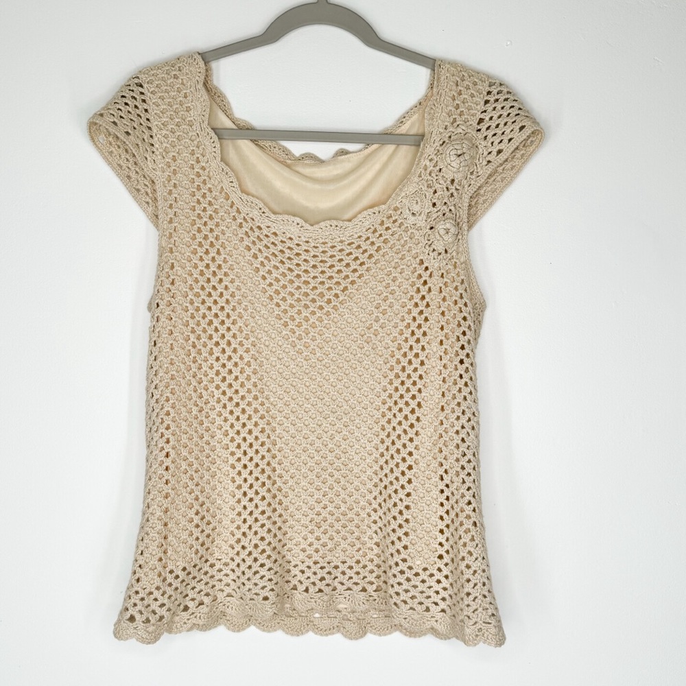 Vintage Ivory Crocheted Cap Sleeve Lined Top